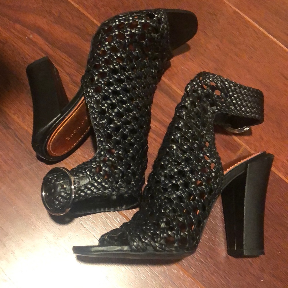 Zara black leather woven heels